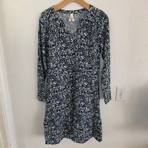 Pact XS Blue White Floral Organic Cotton Long Sleeve Mini Tiered skirt draw cord